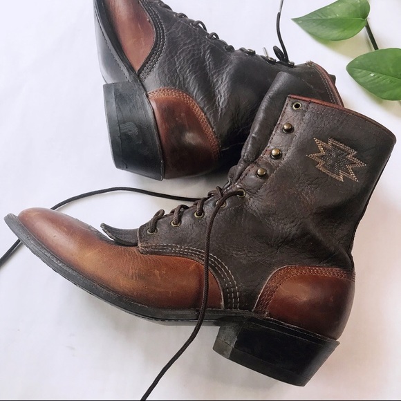 Vintage Western Embroidered Brown Victorian Cowboy Roper Boots - Picture 2 of 7
